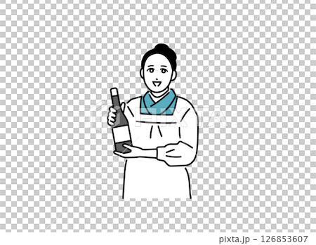酒瓶を持つ割烹着を着た小料理屋の女将のイラスト 126853607
