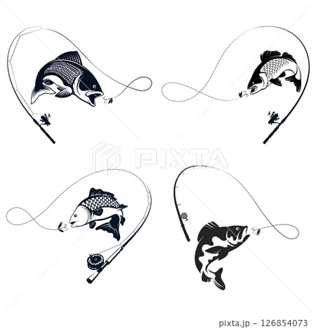 Fish jumping for bait and fishing rod, fishing design set 126854073