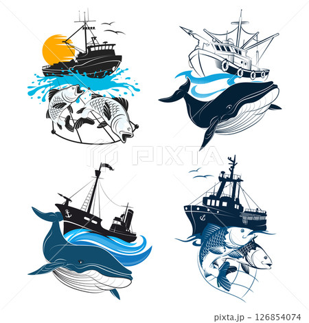 Fishing boat and fish catch, industrial fishing kit Fishing boat and fish catch, industrial fishing kit 126854074