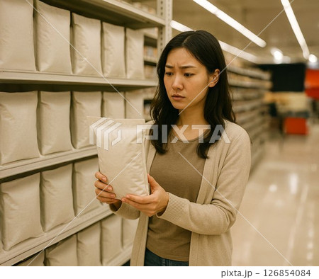 お米の袋を持って購入を迷っている女性 126854084
