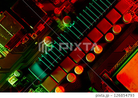 Green and Red Illuminated Motherboard Details Green and Red Illuminated Motherboard Details 126854793