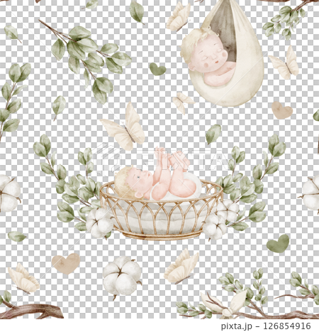 Watercolor baby seamless Pattern with cradle, sleeping Infants, butterflies, and eucalyptus foliage. Illustration with childish background for nursery textiles, wallpaper, or kids wrapping paper. Watercolor baby seamless Pattern with cradle, sleeping Infants, butterflies, and eucalyptus foliage. Illustration with childish background for nursery textiles, wallpaper, or kids wrapping paper. 126854916