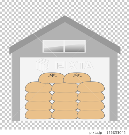 A large amount of stockpiled rice and old rice stored in a warehouse. Image of rice storage 126855043