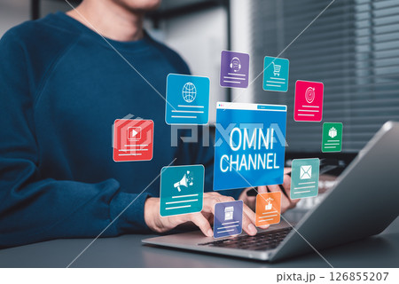Omni Channel Digital Marketing and E-Commerce concept. Businessman with omni-channel market icon, customer engagement, online sales, print ads, website, social media, call center, email, store, mobile Omni Channel Digital Marketing and E-Commerce concept. Businessman with omni-channel market icon, customer engagement, online sales, print ads, website, social media, call center, email, store, mobile 126855207