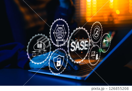 SASE Secure Access Service Edge Cybersecurity Concept. Digital representation of SASE framework with icons for cloud, security, access control, network, support, and secure cloud-based IT solutions. SASE Secure Access Service Edge Cybersecurity Concept. Digital representation of SASE framework with icons for cloud, security, access control, network, support, and secure cloud-based IT solutions. 126855208