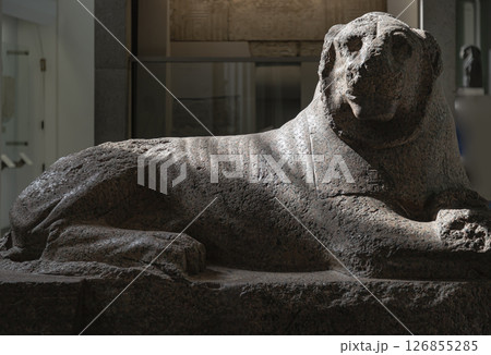 Red granite statue of The Prudhoe Lions or Soleb Lions from the Temple of Soleb in Nubia. 126855285