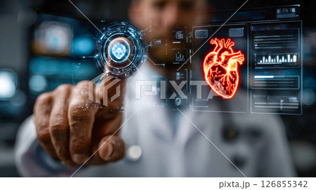 Doctor interacting with futuristic holographic medical interface displaying a glowing heart 126855342