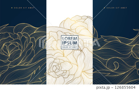 Vector set of peony flowers wavy labels, golden floral patterns. Leaves line abstract nature ornament. Royal package, elegant cosmetic illustration. 126855604