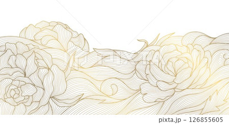Vector line art flowers and waves japanese illustration. Golden texture wedding ornament, asian luxury floral oriental blossom background Vector line art flowers and waves japanese illustration. Golden texture wedding ornament, asian luxury floral oriental blossom background 126855605