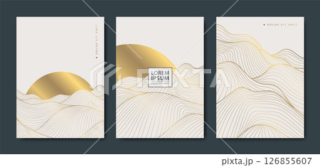 Vector set of Japanese style sunset covers, abstract waves and sun abstract line golden patterns. Nature sea chinese posters, vintage asian illustration. Vector set of Japanese style sunset covers, abstract waves and sun abstract line golden patterns. Nature sea chinese posters, vintage asian illustration. 126855607