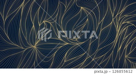 Vector art deco line golden leaves background. Fancy luxury exotic foliage print, nature jungle elegant graphic, nouveau ornate pattern. 126855612