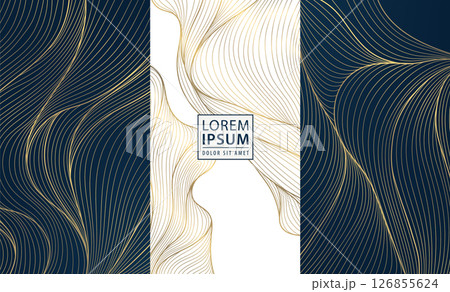 Vector set of abstract fancy line golden labels, luxury elite cards, wave elegant backgrounds. Japanese sea posters, corporate packages, art deco frames. 126855624