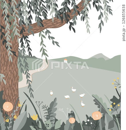 Green weeping willow tree and flowers rustic landscape. Tree branches and flowers summer vector Green weeping willow tree and flowers rustic landscape. Tree branches and flowers summer vector 126855638