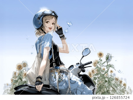 スクーターでヒマワリの花畑に来た若い女性のイラスト素材 126855724