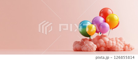 Colorful LGBTQ Symbols Floating in the Sky with Rainbow Colored Balloons on pink background 126855814