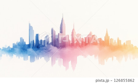 Vibrant Cityscape Reflection in Rainbow Hued Skyline 126855862