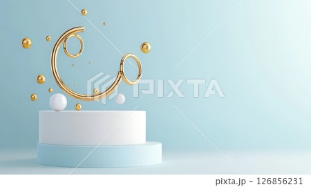 Pastel Toned Pedestal with Floating Golden Rings in Minimal Abstract Composition 126856231