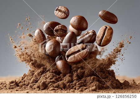 Dynamic coffee beans burst from rich cocoa powder in energetic display Dynamic coffee beans burst from rich cocoa powder in energetic display 126856250