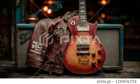 Vintage electric guitar and leather jacket on amplifier with smoke 126856258
