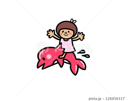 ピンクのイルカに乗ったカワイイ夏女の子 ピンクのイルカに乗ったカワイイ夏女の子 126856317