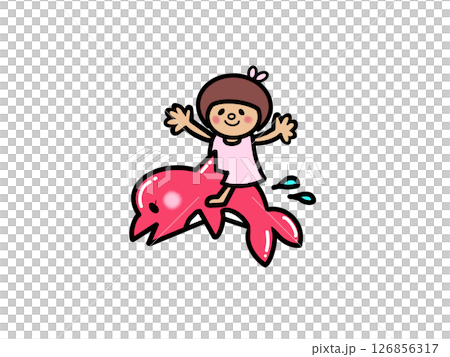 Cute summer girl riding a pink dolphin Cute summer girl riding a pink dolphin 126856317