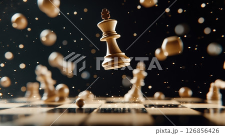 Glowing Golden Chess Piece Floating in Magical Darkness with Sparkling Particles 126856426
