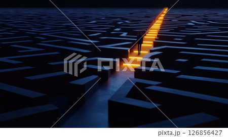 Glowing Maze Pathway Leading Through Dark Abstract Geometric Landscape 126856427
