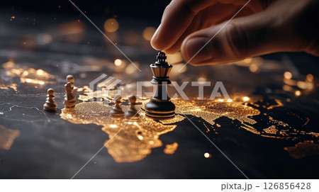 Hand Moving Chess Piece on Sparkling Chessboard in Darkness 126856428