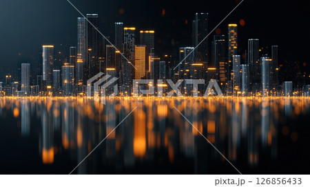 Illuminated Cityscape with Reflective Skyscrapers in a Vibrant Metropolis at Night 126856433