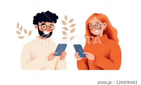 Cheerful young couple embracing and sharing smartphones together in an autumn park setting with leaves in the background  The image conveys a sense of digital connectivity modern lifestyle 126856481