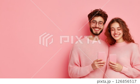 Cheerful and affectionate young couple embracing and smiling happily against a pink background  Showing love romance and intimate connection in a casual modern setting 126856517