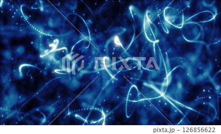 Abstract glowing blue fiber optic strands swirling in a dynamic digital network formation 126856622