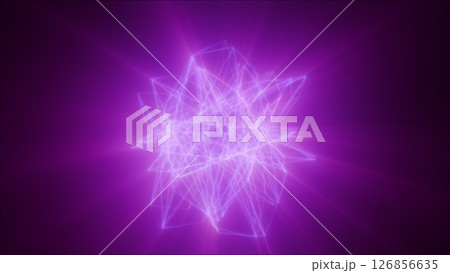 Violet glowing sphere made of neon lines in geometric formation over black background 126856635