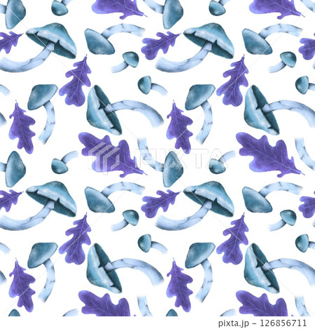 Seamless pattern with autumn leaves and mushrooms, perfect for seasonal textiles, wallpaper, wrapping paper, greeting cards, and home decor. 126856711