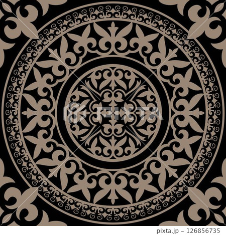 Luxury  golden black Oriental seamless square vector pattern with circular damask ornament, arabesque and floral elements with decorative ornament in retro style. Square tile. Vector Illustration.  126856735