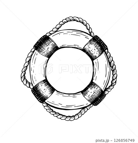 Lifebuoy, lifesaver with rope. Hand drawn outline style life ring. Vector illustration in a black and white sketch style. Sketch in line art style isolated on white. For clip art cards packages. 126856749