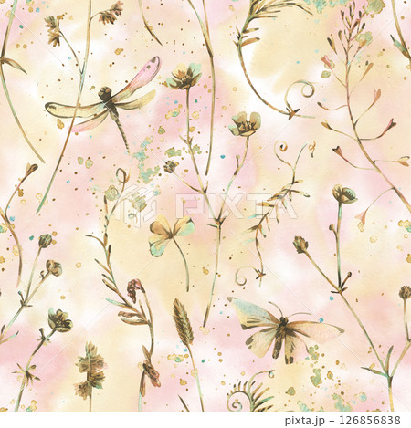 Seamless botanical pattern with wild herbs, dragonflies, and butterflies. Soft watercolor style washes, perfect for eco-designs, wrapping paper, wallpapers, and fabric with a natural countryside feel. 126856838