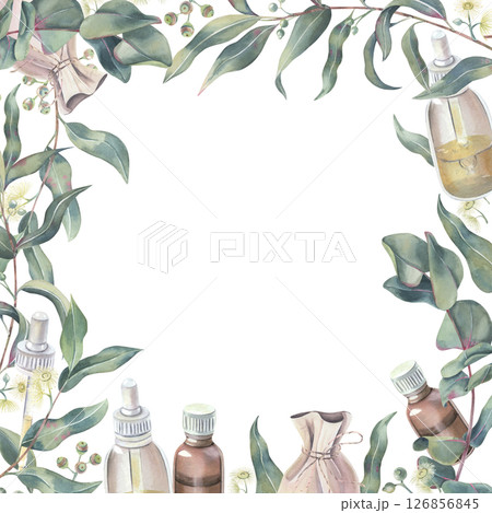 Eucalyptus frame made of branches, flowers, shoots, oil bottles, and linen bag. Botanical illustration of medicinal herbs hand drawn for aromatherapy label, on a white background with a space for text Eucalyptus frame made of branches, flowers, shoots, oil bottles, and linen bag. Botanical illustration of medicinal herbs hand drawn for aromatherapy label, on a white background with a space for text 126856845