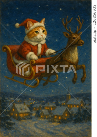 サンタ姿の茶白猫がトナカイと共に雪の夜空を舞うファンタジー絵画 126856935