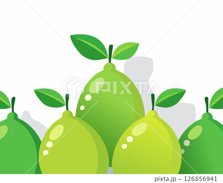 Fresh whole lime in flat design style with clean highlights and soft shadows, surrounded by green leaves on white background, simple and modern fruit art. 126856941