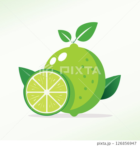 Juicy lime with cross-section slice, shown with stylized texture and vibrant green shades, on a white minimal background. 126856947