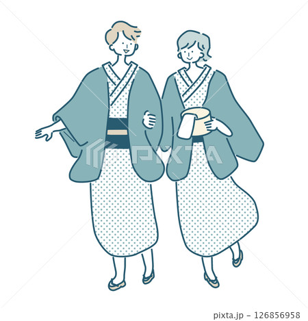 浴衣姿のカップルのシンプルな線画のベクターイラスト 126856958
