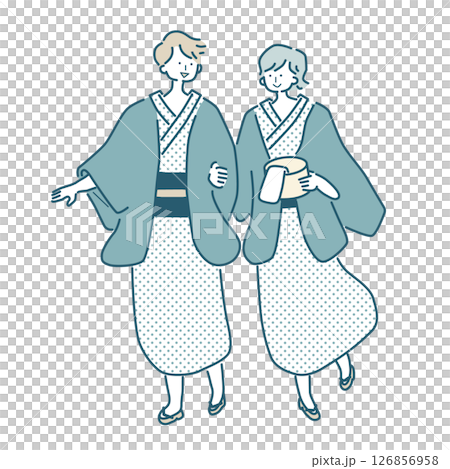 浴衣姿のカップルのシンプルな線画のベクターイラスト 126856958