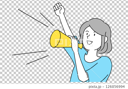 Smiling young woman holding a megaphone cheering for someone 126856994