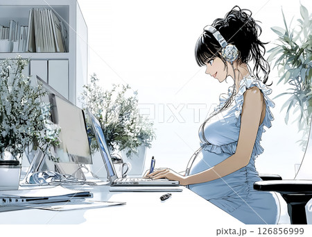 働く妊婦の女性のイラスト素材 デスクワーク 働く妊婦の女性のイラスト素材 デスクワーク 126856999