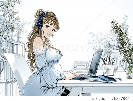 働く妊婦の女性のイラスト素材　デスクワーク 126857004