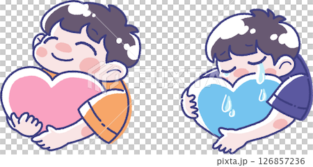 Illustration of a happy boy holding a heart and a crying boy Illustration of a happy boy holding a heart and a crying boy 126857236