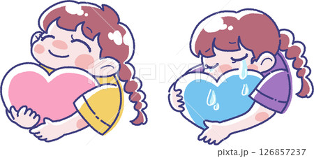 ハートを持った幸せそうな女の子と泣いている女の子のイラスト ハートを持った幸せそうな女の子と泣いている女の子のイラスト 126857237