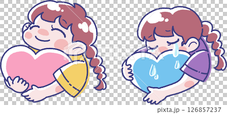 ハートを持った幸せそうな女の子と泣いている女の子のイラスト ハートを持った幸せそうな女の子と泣いている女の子のイラスト 126857237