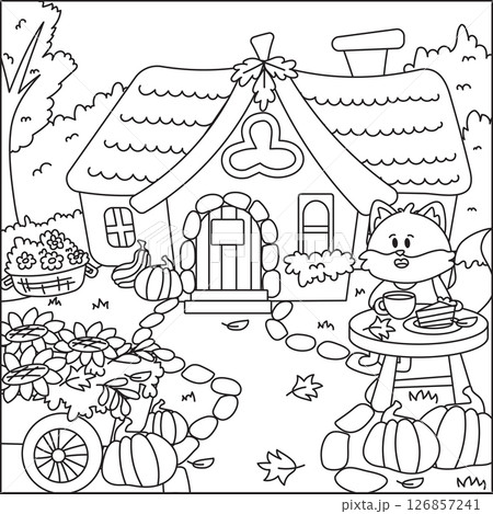 Autumn coloring page with cozy cottage and cute fox drinking tea Autumn coloring page with cozy cottage and cute fox drinking tea 126857241